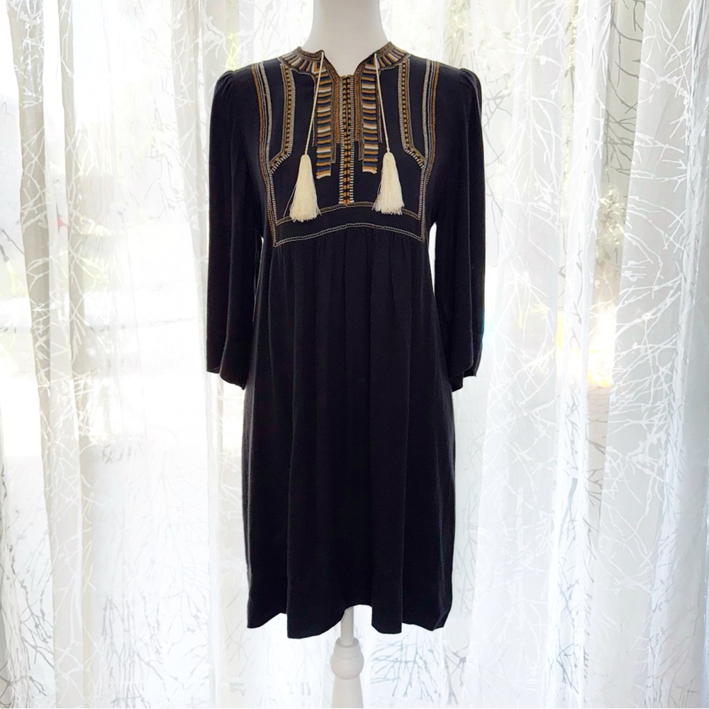ISABEL MARANT ÉTOILE CLARA BLACK TAN CREAM EMBROIDERED TASSEL WIDE SLEEVE DRESS